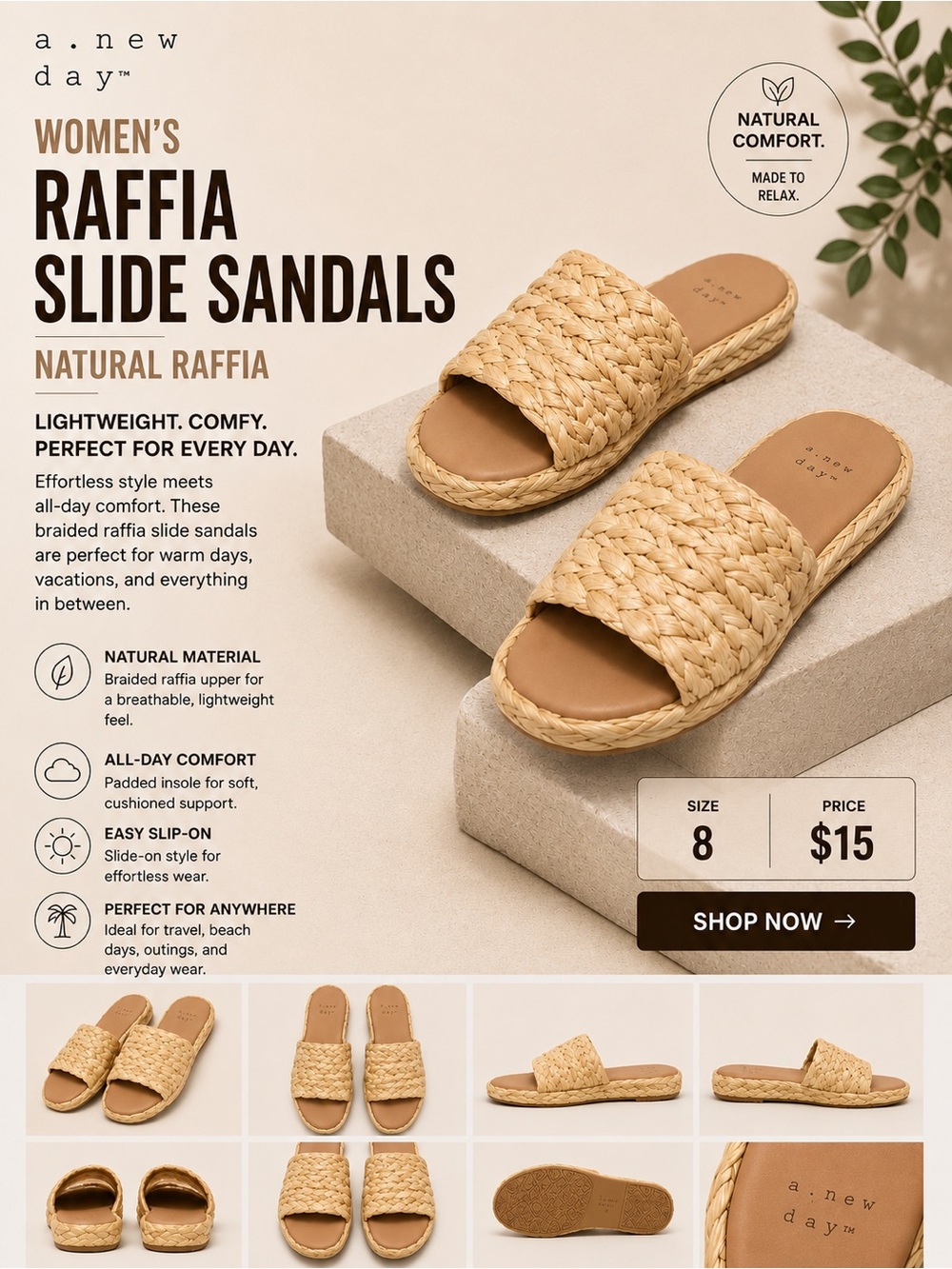 A New Day  Natural Raffia Braided Slide Sandals - Tan